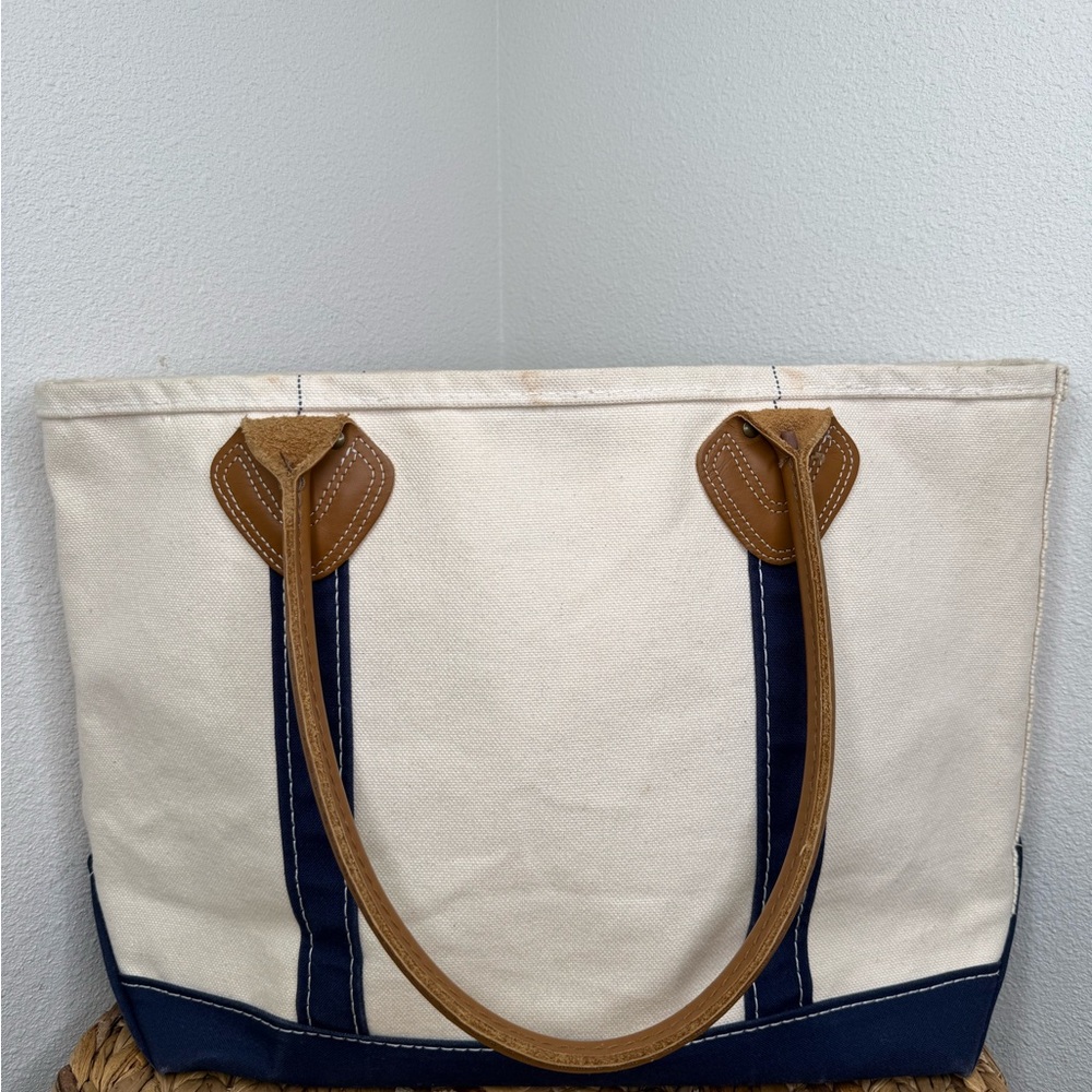 Vtg L.L. Bean Boat & Tote Bag Leather-Handle Canvas Carryall white navy stiff - Picture 13 of 13